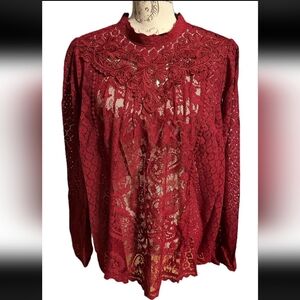 Torrid Woman’s Rhubarb Mixed Lace High Neck Top Long Sleeve Blouse Sz 2X (18-20)